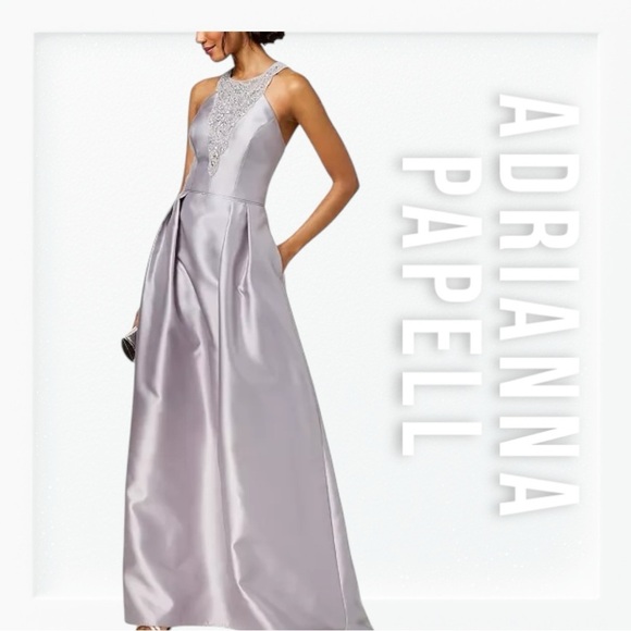 NWT Adrianna Papell Silver A-Line Halter Mikado Ballgown sz 14 - Picture 1 of 14